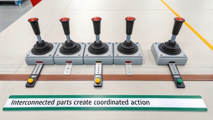 Multiple industrial joysticks arranged in a precise line, ready for coordinated command and control