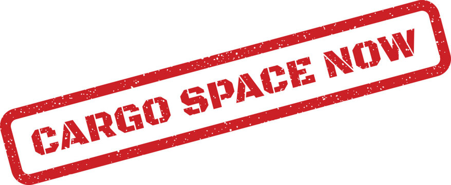 A vibrant red rectangular grungy stamp boldly announces CARGO SPACE NOW available for immediate booking