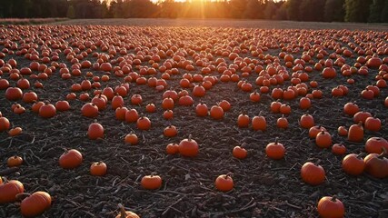 cinematic 4K wide shot pumpkin field autumn harvest glowing warm sunset light featuring pumpkins different sizes colors creating seasonal rural countryside atmosphere - Powered by Adobe