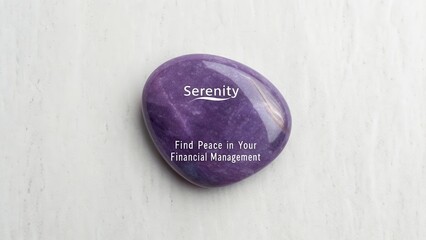 Smooth amethyst stone with 'Serenity' and 'Find Peace in Your Financial Management' text promoting calm.