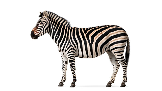 A high-quality photograph of a standing zebra against a pure white background.