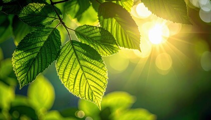 Sunlight streams through lush green leaves, illuminating their veins and creating a soft, blurred background of light.