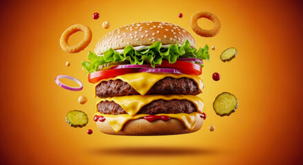 Delicious double cheeseburger with fresh lettuce and tomato floating in mid air
