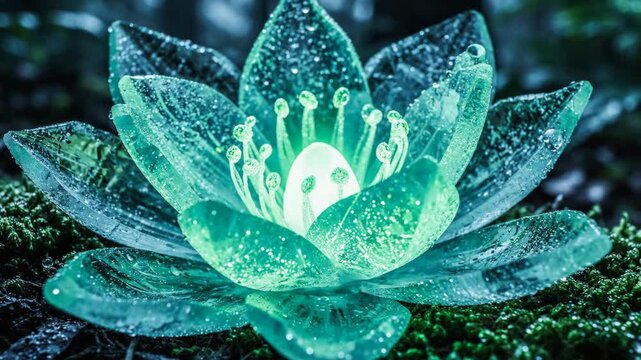 Crystal Lotus Bloom - A glowing, crystal lotus flower sits on a bed of vibrant green moss. The flower's petals are translucent with a blue-green hue, and covered in tiny water droplets, giving it a