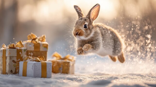 Leaping Rabbit with Golden Gift Boxes