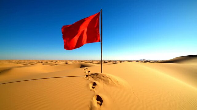Red Flag in Desert - A red flag stands on a sand dune in a desert landscape beneath a clear blue sky. Footprints lead towards the flag, indicating a path or warning.