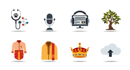 Diverse icon set: healthcare, music, media, nature, fashion, royalty, cloud technology
