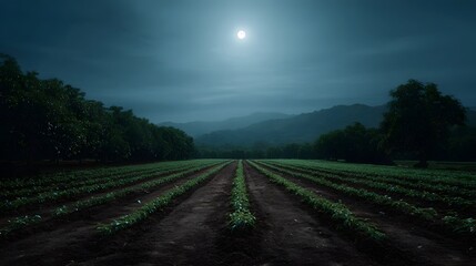 A serene farm plantation bathed in moonlight with rows of crops stretching towards misty hills under a dark sky