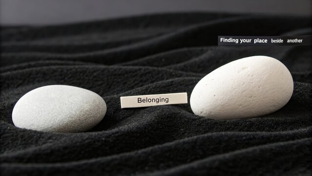 Two smooth white pebbles with the word 'Belonging' etched on a metal bar nestled in black sand