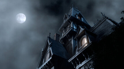 Haunted mansion at night full moon spooky fog.