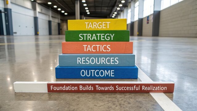 Stacked colored blocks illustrating a strategic business growth plan from foundation to outcome