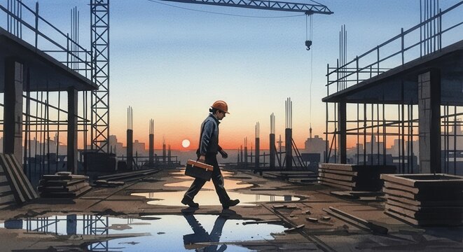 A watercolor painting of a builder walking through a construction site at dawn. The scene conveys hard work, dedication, and urban development. Perfect for industrial or labor-themed content.
