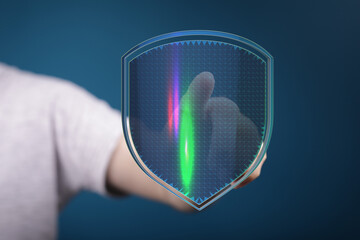 Concept of data protection and cyber security. Finger touching a digital shield interface, representing a secure future and safe info