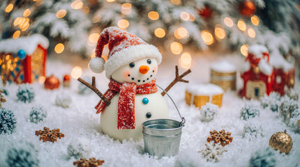 Adorable snowman with christmas decorations and bokeh lights
