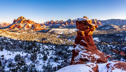 Snowy desert landscape with red rock formations against a clear blue sky under the warm sunlight