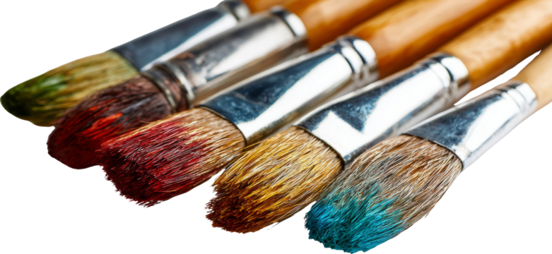 Close-up of Paintbrushes with Multicolored Tips Ready for Artistic Creations