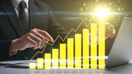 Financial growth chart with businessman and laptop shows business analytics - Powered by Adobe