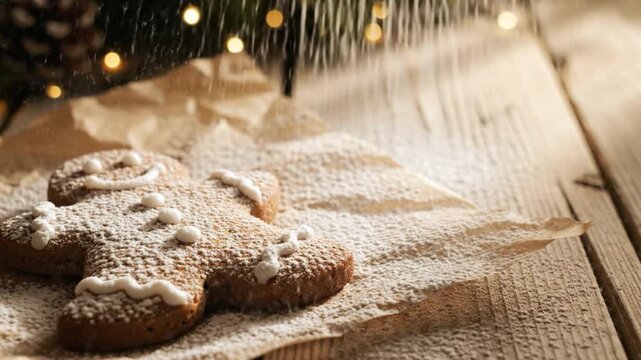 Gingerbread cookie dusted with powdered sugar on wooden table, surrounded by festive decorations and lights