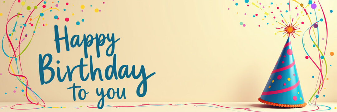 A blue party hat with pink stripes and colorful dots sits on a white surface, surrounded by confetti and ribbons on a beige background, celebrating a birthday.