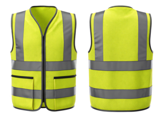 Front and back view of a high visibility yellow safety vest with reflective stripes isolated on a transparent background.