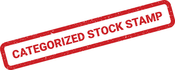 An impactful red rectangular rubber stamp with distressed white letters states CATEGORIZED STOCK STAMP on a crisp white background