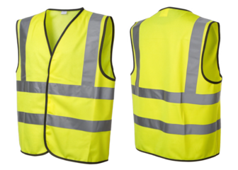 Front and back view of a high visibility yellow safety vest with reflective stripes isolated on a transparent background.