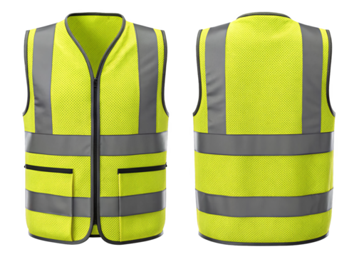 Front and back view of a high visibility yellow safety vest with reflective stripes isolated on a transparent background.