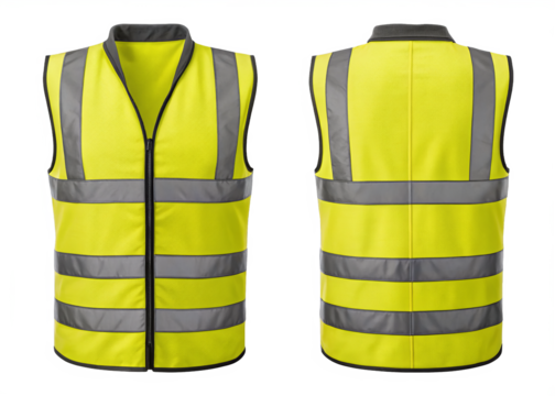 Front and back view of a high visibility yellow safety vest with reflective stripes isolated on a transparent background.