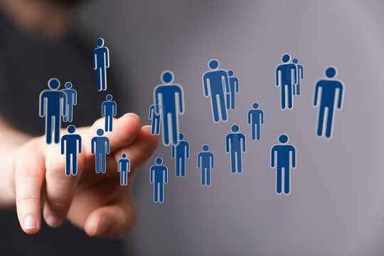 Hand touching network of people icons, representing community, social media, global business, teamwork, digital - Powered by Adobe