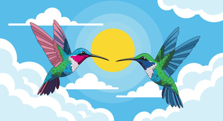 Two colorful hummingbirds fly towards each other in the sky with clouds and a bright sun.