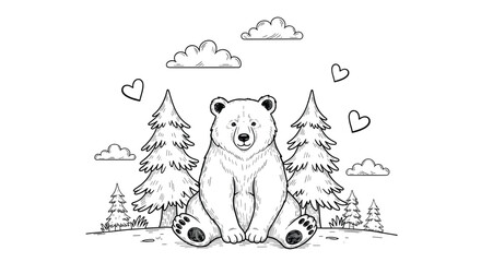 Cute cartoon bear sitting in a forest with trees, clouds, and hearts.