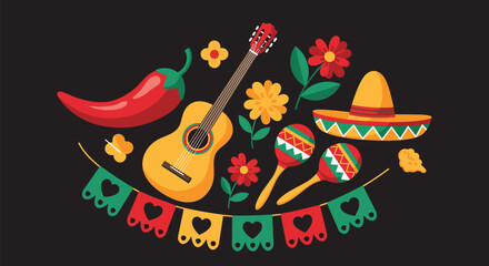 Fiesta celebration with Mexican guitar, maracas, chili pepper, and sombrero.