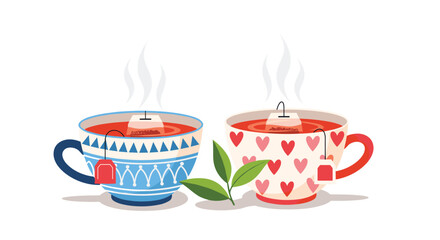 Two steaming cups of tea with tea bags and a sprig of green leaves.