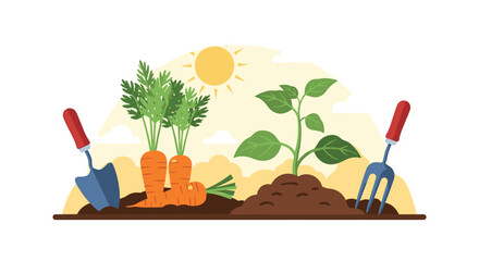 Gardening scene with carrots, a seedling, and tools under the sun.