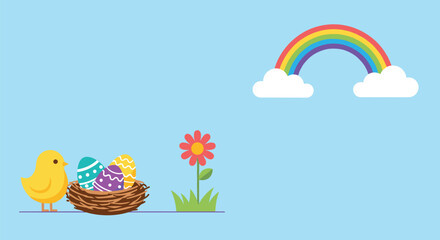 Cute yellow chick in a nest with colorful Easter eggs and a flower under a rainbow with clouds.
