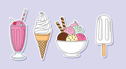 Collection of colorful ice cream desserts and a milkshake on a light purple background.