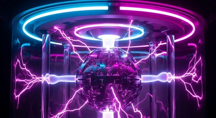 Futuristic plasma orb with neon energy arcs and glowing rings