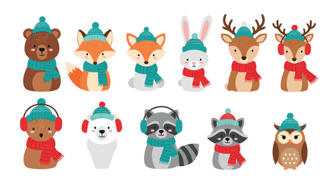 Cute winter animals wearing hats and scarves for cold weather fun.