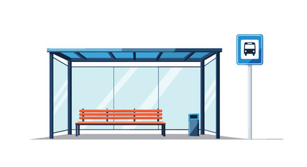 Illustration of a bus stop shelter with a bench, trash can, and bus stop sign.
