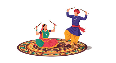 Traditional Indian dancers perform Garba with sticks on a decorative mat during Navratri festival.