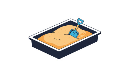 A blue shovel is stuck in a sandbox filled with light brown sand, ready for play.