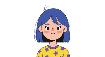 Cute cartoon girl with bright blue hair and a star-patterned shirt smiles warmly.