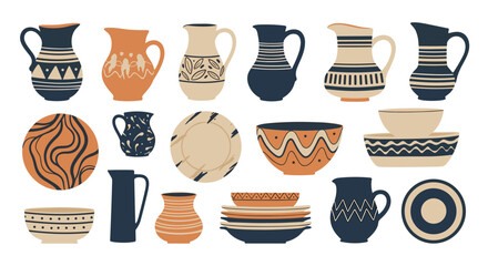 Collection of decorative pottery including jugs, bowls, and plates with geometric and abstract patterns.