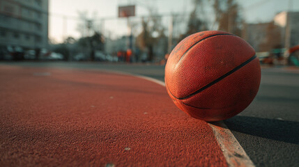 A basketball resting on the edge of a red outdoor court with a blurred background of buildings