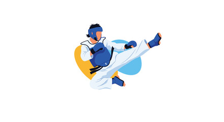 Martial arts athlete performing a dynamic high kick while wearing protective gear and a uniform.