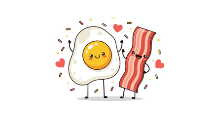 Cute cartoon fried egg and bacon strip characters celebrating with confetti and hearts.
