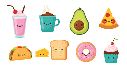 Cute and colorful cartoon food illustrations with happy faces, ideal for children's content.