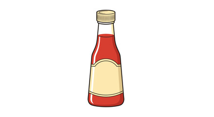 A cartoon illustration of a red sauce bottle with a cream-colored label and a ribbed cap.