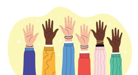 Illustration of diverse hands raised up in unity and support against a yellow background with sparkles.