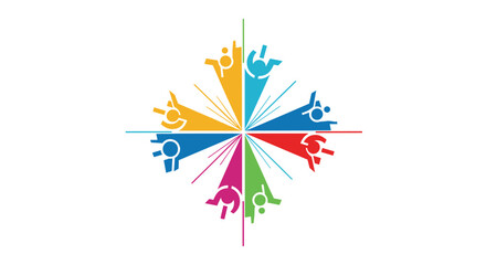 Diverse group of people in wheelchairs united in a colorful radial design, symbolizing community and inclusion.